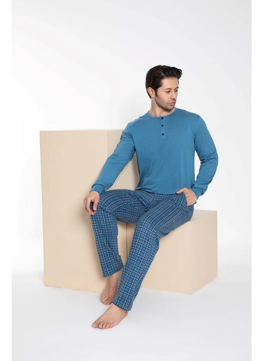Bie'S Couple Lover Couple Combinable Blue Plaid Pattern Modal Long Sleeve Pajama Set