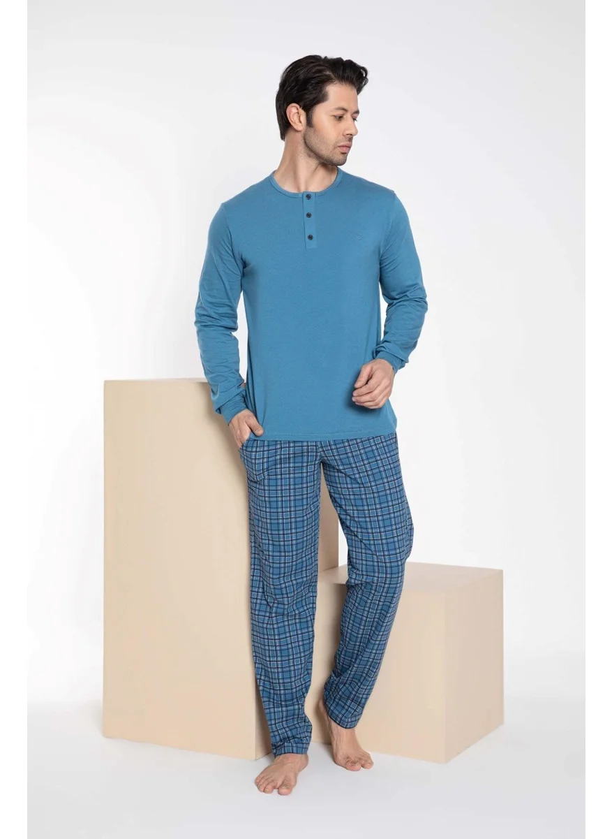 Bie'S Couple Lover Couple Combinable Blue Plaid Pattern Modal Long Sleeve Pajama Set