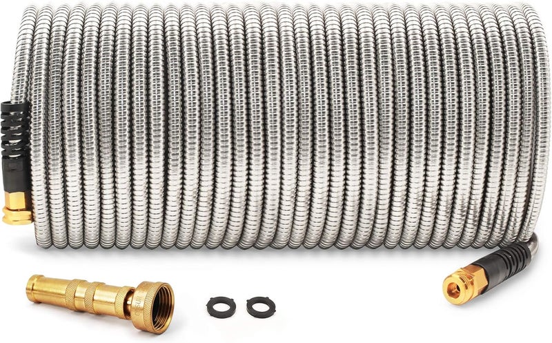 Cesun Metal Garden Hose 100 foot - 304 Stainless Steel Water Hose, Flexible, Lightweight and No-Kink Metal Hose with Brass Nozzle for Outdoor, Yard - Image 1
