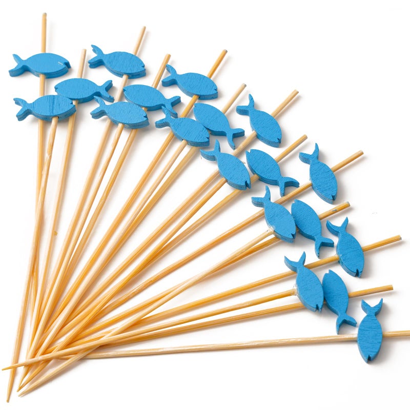PuTwo Cocktail Toothpicks 100 Counts Cocktail Picks Handmade Natural Bamboo Cocktail Sticks EcoFriendly Appetizer Skewers for Cocktail Appetizers Fruits Dessert  Blue Fishes