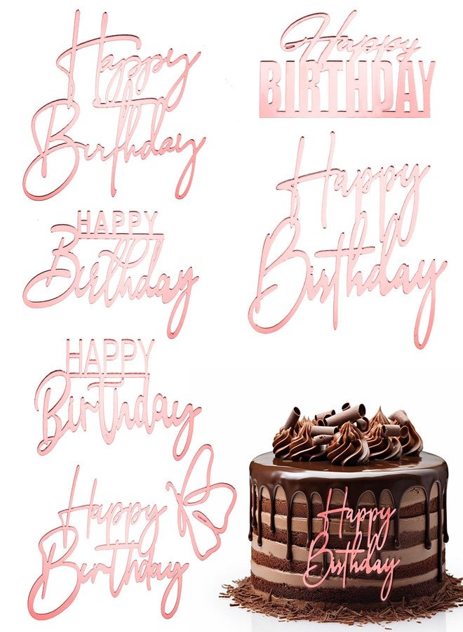 Yolev 6pcs Cake Toppers Happy Birthday Acrylic Pink Happy Birthday Cake Sign Picks Birthdays Cakes Decorations Stick Decor For Celebrating Anniversary Party - Image 1