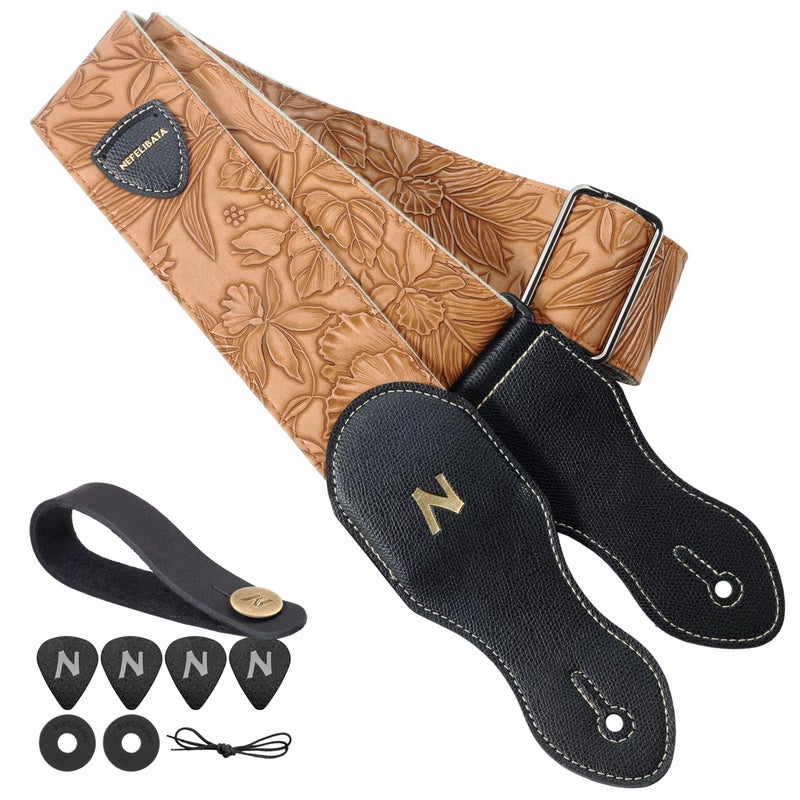 Nefelibata Guitar Strap with Pick Pocket,2.3 inch Porter Style Vegan Leather Carving Guitar Straps,60s Vintage Styleï¼ˆBrown Yellowï¼‰ - Image 1