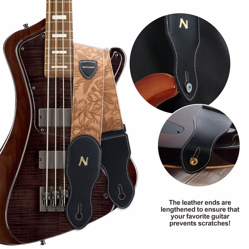 Nefelibata Guitar Strap with Pick Pocket,2.3 inch Porter Style Vegan Leather Carving Guitar Straps,60s Vintage Styleï¼ˆBrown Yellowï¼‰ - Image 4