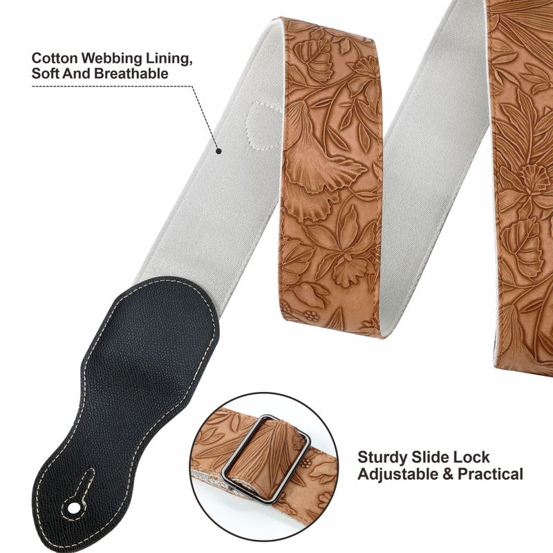 Nefelibata Guitar Strap with Pick Pocket,2.3 inch Porter Style Vegan Leather Carving Guitar Straps,60s Vintage Styleï¼ˆBrown Yellowï¼‰ - Image 5