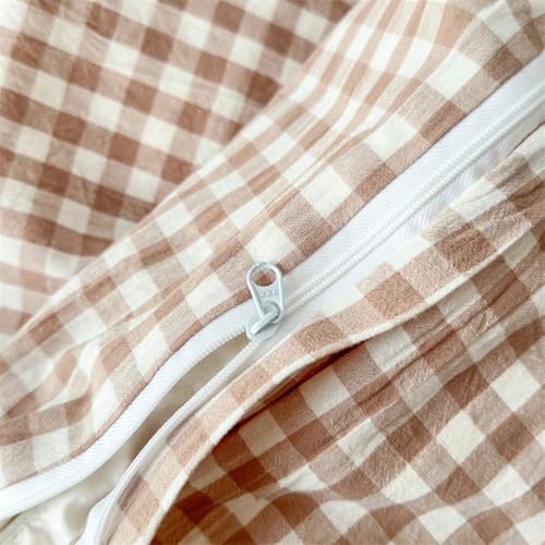 Mucalis Tan Gingham Duvet Cover Queen 100% Washed Cotton Beige Cream Checked Duvet Cover Set Vintage Brown Plaid 3 Piece Grid Bedding Set with Zipper Closure Corner Ties,Durable,Breathable,Easy Care - Image 5