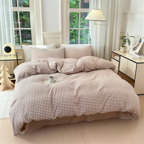 Mucalis Tan Gingham Duvet Cover Queen 100% Washed Cotton Beige Cream Checked Duvet Cover Set Vintage Brown Plaid 3 Piece Grid Bedding Set with Zipper Closure Corner Ties,Durable,Breathable,Easy Care - Image 1