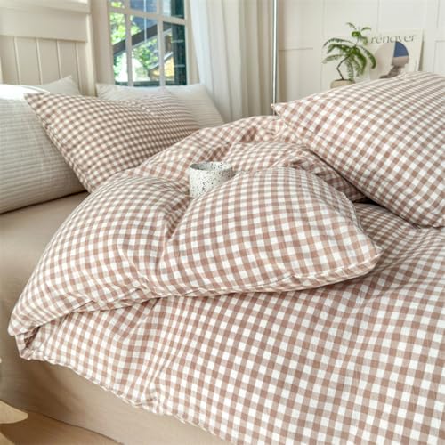 Mucalis Tan Gingham Duvet Cover Queen 100% Washed Cotton Beige Cream Checked Duvet Cover Set Vintage Brown Plaid 3 Piece Grid Bedding Set with Zipper Closure Corner Ties,Durable,Breathable,Easy Care - Image 3