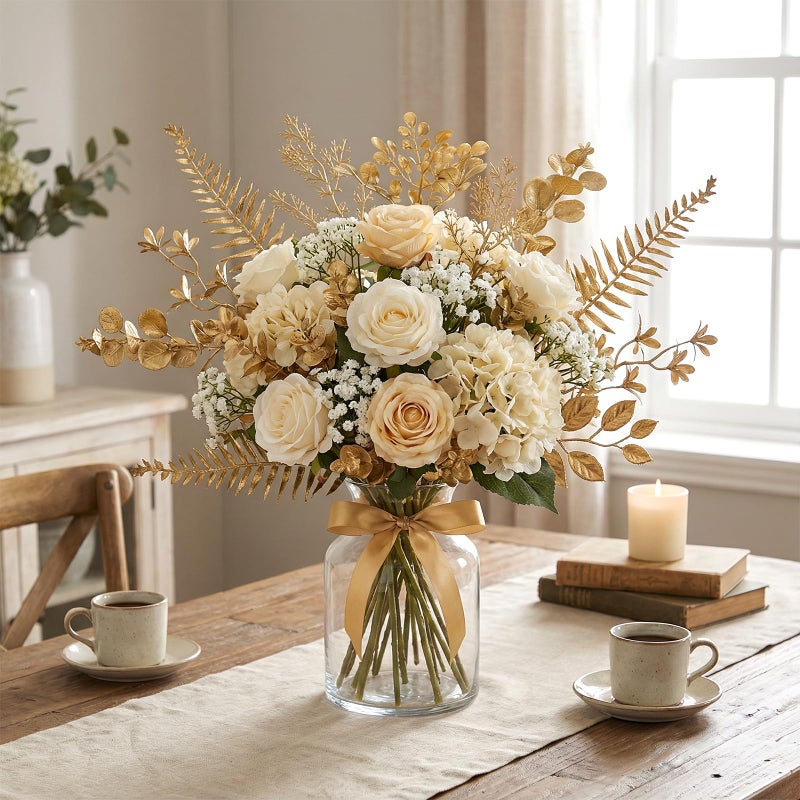Lnngub 30 Pcs Gold Leaves Artificial Flowers Mini Simulation Gold Eucalyptus Stems Cedar Elm Leaves Grass Stems for Wedding Picks Decoration Centerpieces DIY Wreath Crafts Christmas Tree Filler - Image 3