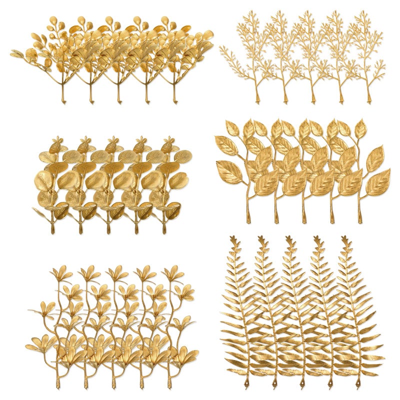 Lnngub 30 Pcs Gold Leaves Artificial Flowers Mini Simulation Gold Eucalyptus Stems Cedar Elm Leaves Grass Stems for Wedding Picks Decoration Centerpieces DIY Wreath Crafts Christmas Tree Filler - Image 1