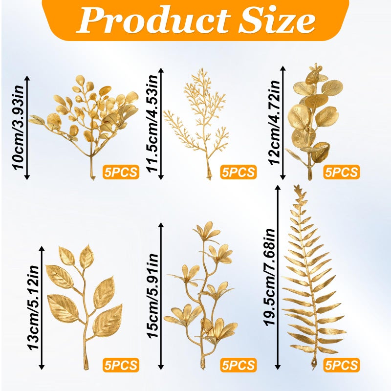 Lnngub 30 Pcs Gold Leaves Artificial Flowers Mini Simulation Gold Eucalyptus Stems Cedar Elm Leaves Grass Stems for Wedding Picks Decoration Centerpieces DIY Wreath Crafts Christmas Tree Filler - Image 2
