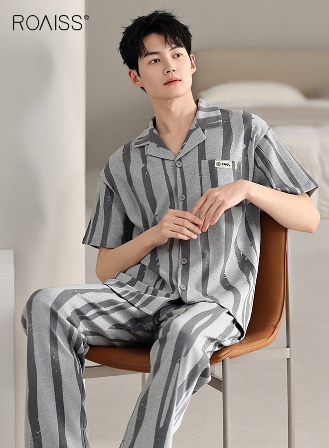 رويس طقم بيجامة رجالي صيفي برقبة على شكل طية صدر قابلة للتنفس فضفاض مقاس كبير مخطط بأكمام قصيرة وبنطال طويل ملابس نوم كاجوال بخصر مرن وكنزة صوفية ملابس نوم - Image 2