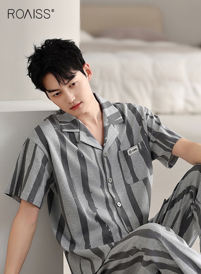 رويس طقم بيجامة رجالي صيفي برقبة على شكل طية صدر قابلة للتنفس فضفاض مقاس كبير مخطط بأكمام قصيرة وبنطال طويل ملابس نوم كاجوال بخصر مرن وكنزة صوفية ملابس نوم - Image 5