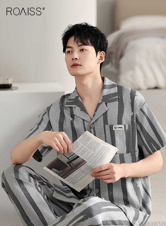 رويس طقم بيجامة رجالي صيفي برقبة على شكل طية صدر قابلة للتنفس فضفاض مقاس كبير مخطط بأكمام قصيرة وبنطال طويل ملابس نوم كاجوال بخصر مرن وكنزة صوفية ملابس نوم - Image 4