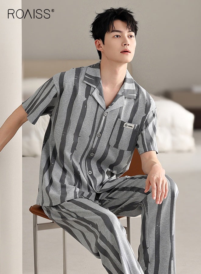 رويس طقم بيجامة رجالي صيفي برقبة على شكل طية صدر قابلة للتنفس فضفاض مقاس كبير مخطط بأكمام قصيرة وبنطال طويل ملابس نوم كاجوال بخصر مرن وكنزة صوفية ملابس نوم - Image 3