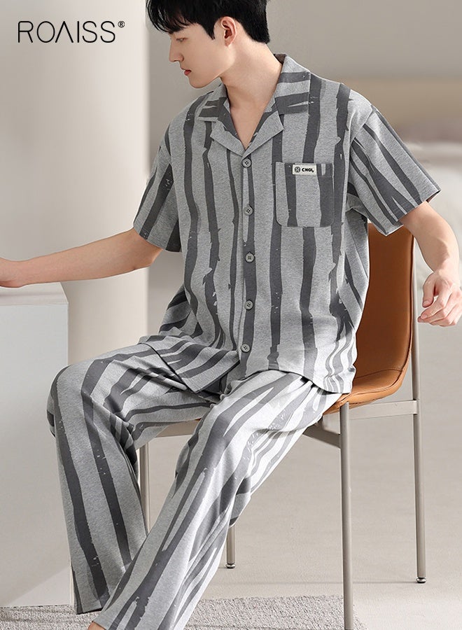 رويس طقم بيجامة رجالي صيفي برقبة على شكل طية صدر قابلة للتنفس فضفاض مقاس كبير مخطط بأكمام قصيرة وبنطال طويل ملابس نوم كاجوال بخصر مرن وكنزة صوفية ملابس نوم - Image 1