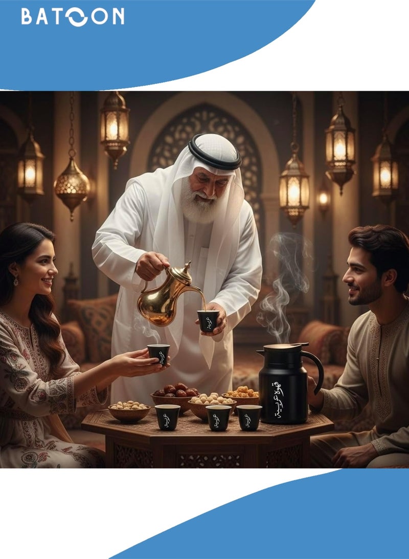 باتون إبريق قهوة وفنجان قهوة، قارورة قهوة مفرغة، طقم أوعية معزولة حرارياً، يتضمن إبريقاً واحداً من الفولاذ المقاوم للصدأ سعة 1000 مل وفنجانين قهوة مزدوجين سعة 80 مل، مناسب للهدايا، هدية اليوم الوطني السعودي، التخييم، المكتب (فولاذ مقاوم للصدأ، أسود). - Image 4