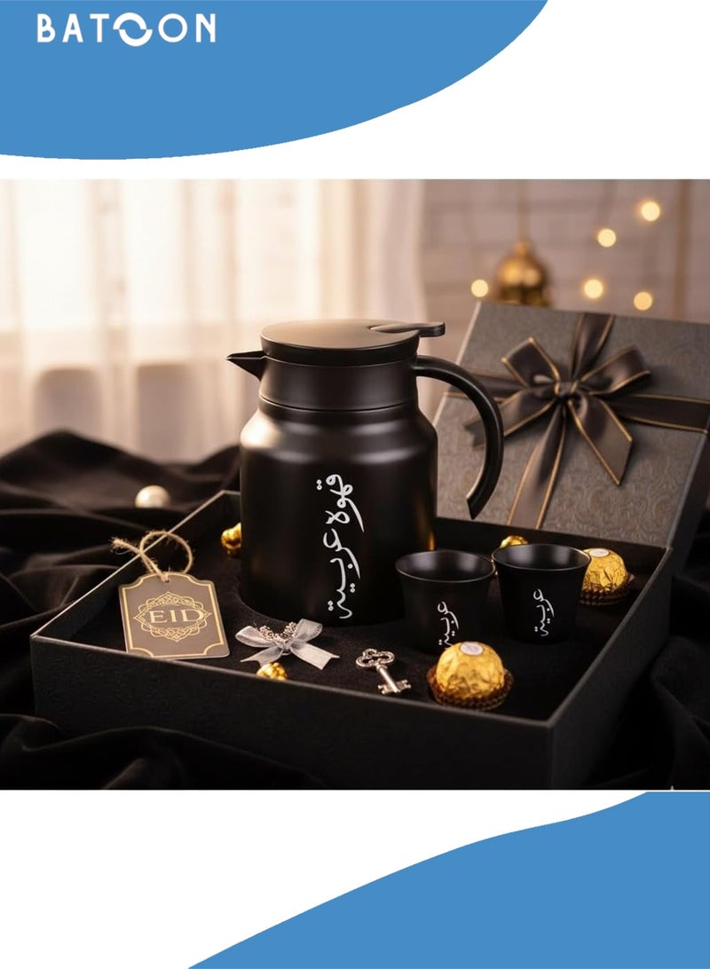 باتون إبريق قهوة وفنجان قهوة، قارورة قهوة مفرغة، طقم أوعية معزولة حرارياً، يتضمن إبريقاً واحداً من الفولاذ المقاوم للصدأ سعة 1000 مل وفنجانين قهوة مزدوجين سعة 80 مل، مناسب للهدايا، هدية اليوم الوطني السعودي، التخييم، المكتب (فولاذ مقاوم للصدأ، أسود). - Image 2