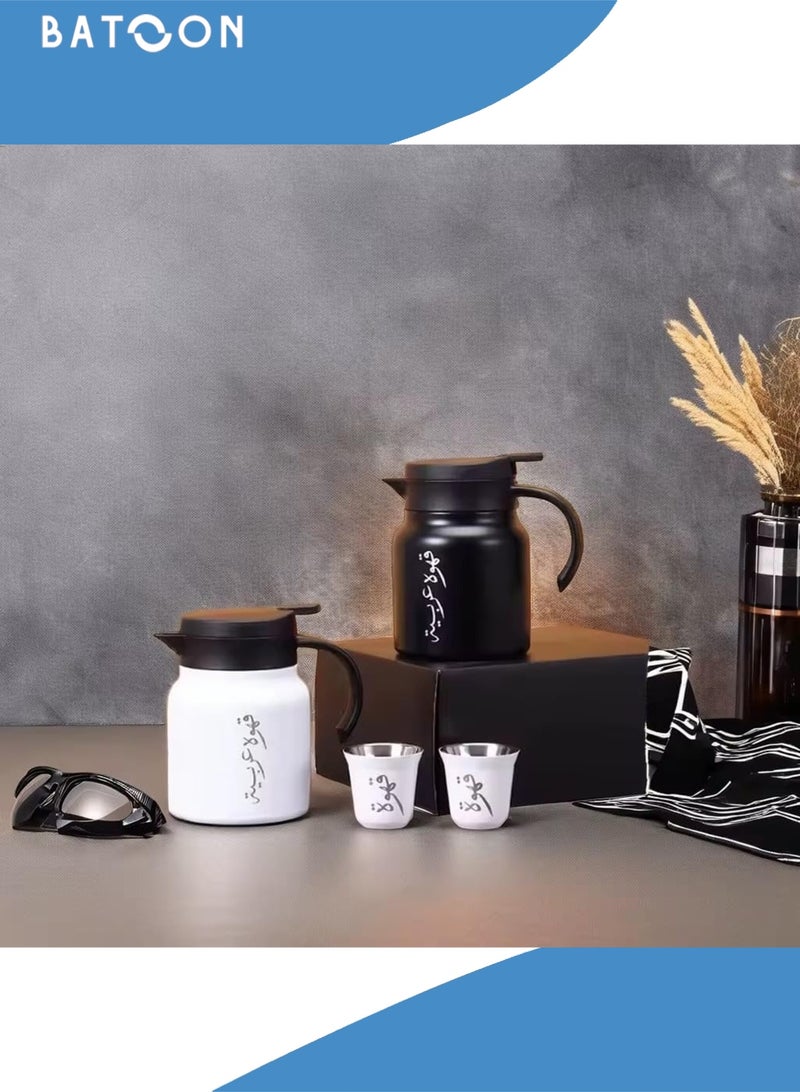 باتون إبريق قهوة وفنجان قهوة، قارورة قهوة مفرغة، طقم أوعية معزولة حرارياً، يتضمن إبريقاً واحداً من الفولاذ المقاوم للصدأ سعة 1000 مل وفنجانين قهوة مزدوجين سعة 80 مل، مناسب للهدايا، هدية اليوم الوطني السعودي، التخييم، المكتب (فولاذ مقاوم للصدأ، أسود). - Image 3