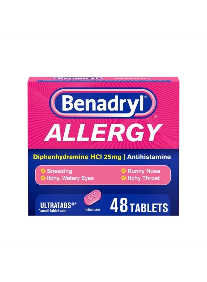 Benadryl ألترا تابس دواء مضاد الهيستامين لتخفيف الحساسية، 25 ملغ من أقراص ديفينهيدرامين HCl لتخفيف أعراض البرد والحساسية مثل العطس، سيلان الأنف، وحكة العينين والحنجرة، 48 حبة - Image 1