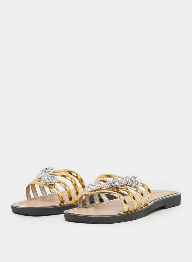 تايك تو Take Two Rhinestone Flower Embellished Flat Sandals