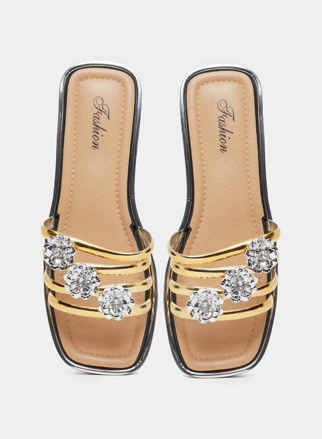 Take Two Take Two Rhinestone Flower Embellished Flat Sandals