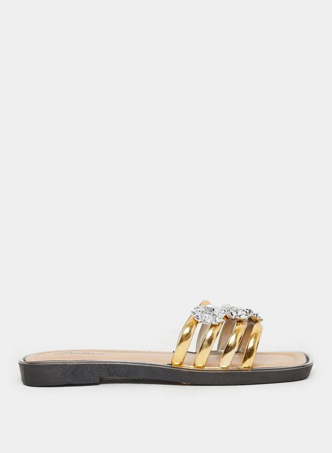 تايك تو Take Two Rhinestone Flower Embellished Flat Sandals
