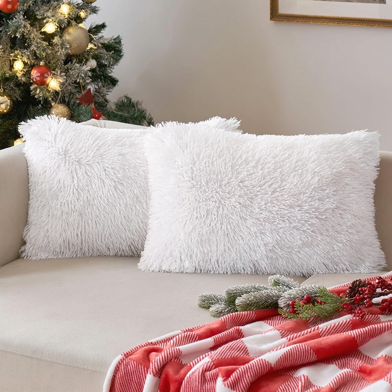 ANRODUO Pack of 2 Christmas Pillow Covers Luxury Faux Fur Series Throw Pillow Covers Decorative Shaggy Fluffy Plush Cushion Mongolian Merino Style for Sofa Couch 12 x 20 Inch Christmas Decor White