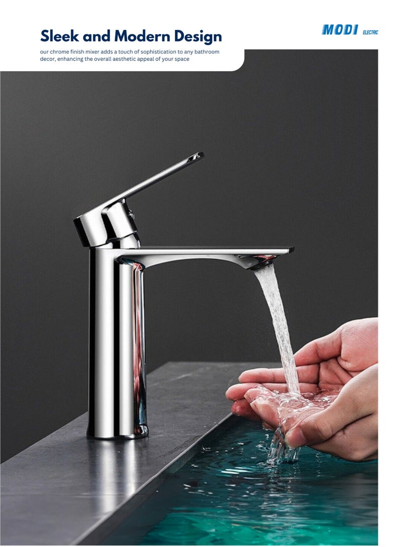 MODI Bathroom Basin Mixer Tap | Single Handle Hot & Cold Water Faucet | Chrome Finish | Anti-Splash Aerator | Corrosion-Resistant Modern Design - Image 5