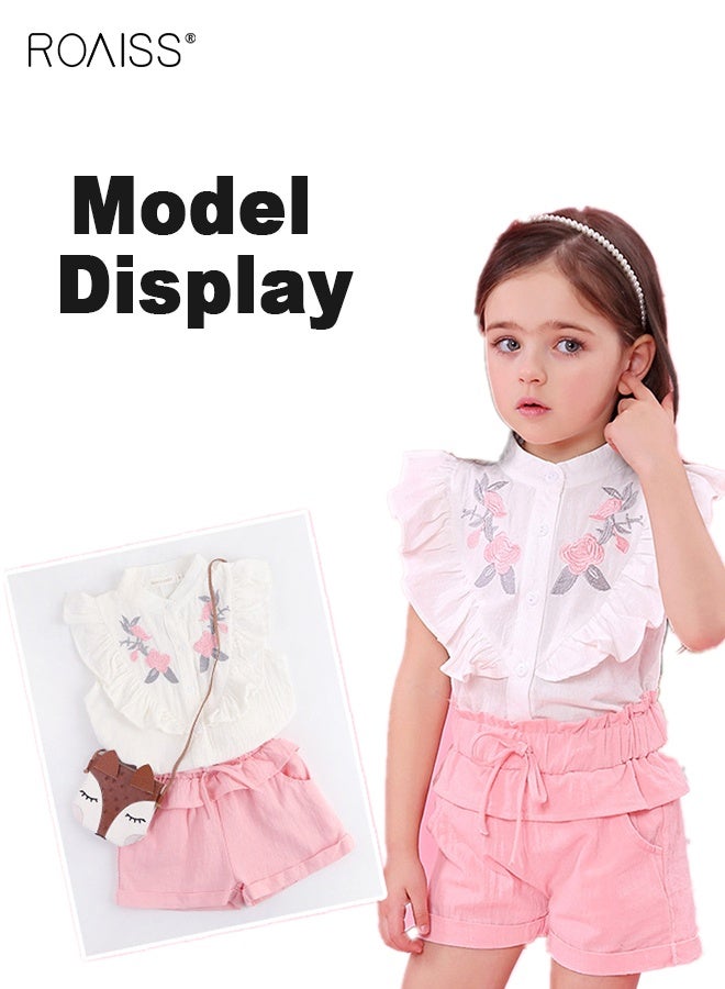 roaiss Toddler Girls Embroidered Shirt and Shorts Set, Stylish Summer Outfit with Sleeveless Top and Solid Shorts, 2 Piece Comortable Clothing Set for Little Girls  - Image 2