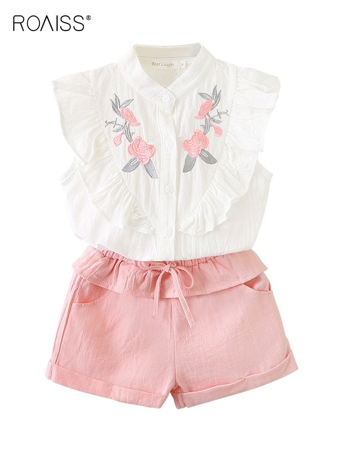 Toddler Girls Embroidered Shirt and Shorts Set, Stylish Summer Outfit with Sleeveless Top and Solid Shorts, 2 Piece Comortable Clothing Set for Little Girls