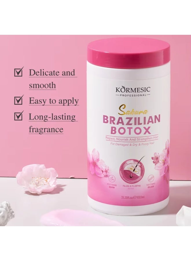 Kormesic 1000 مل قناع شعر بوتوكس برازيلي ساكورا مع الكيراتين والكولاجين، إصلاح وتغذية وتقوية بصيلات الشعر، إصلاح الشعر الجاف التالف، استعادة ملء وتنعيم الشعر، قناع علاج الشعر - Image 2
