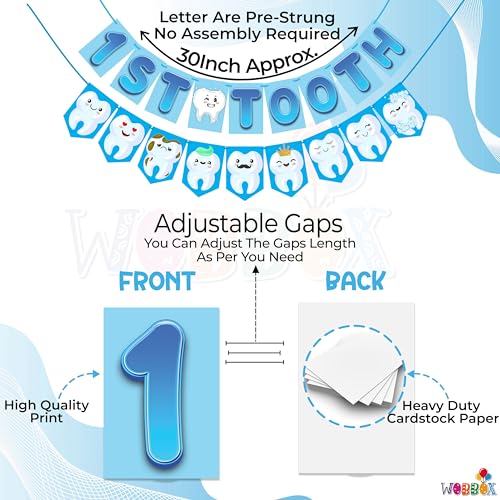 Wobbox 1st Cartoon Tooth Bunting Banner, Blue Colour Gredient with Stylish Font, First Tooth Decoartion, Happy Birthday Decoration - Image 3