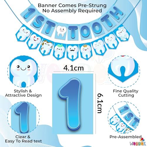 Wobbox 1st Cartoon Tooth Bunting Banner, Blue Colour Gredient with Stylish Font, First Tooth Decoartion, Happy Birthday Decoration - Image 2