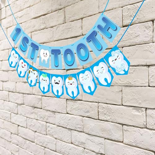 Wobbox 1st Cartoon Tooth Bunting Banner, Blue Colour Gredient with Stylish Font, First Tooth Decoartion, Happy Birthday Decoration - Image 4