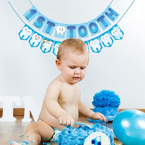 Wobbox 1st Cartoon Tooth Bunting Banner, Blue Colour Gredient with Stylish Font, First Tooth Decoartion, Happy Birthday Decoration - Image 5