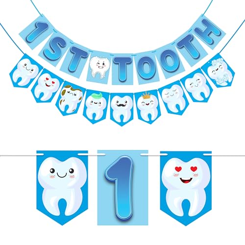 Wobbox 1st Cartoon Tooth Bunting Banner, Blue Colour Gredient with Stylish Font, First Tooth Decoartion, Happy Birthday Decoration - Image 1