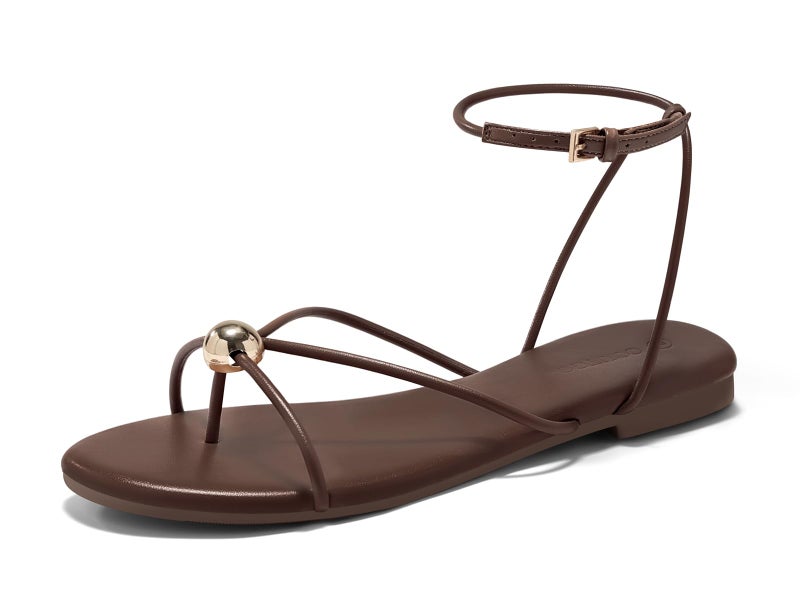 Coutgo Womens Strappy Flat Sandals Open Toe Flip Flops Sandals Ankle Strap Summer Beach Shoes, Coffee, size 8 - Image 1