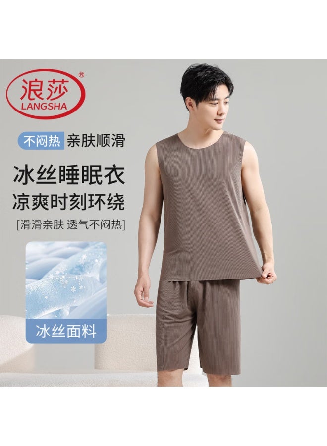 Langsha Men's Pajamas, Ice Silk Cool-feeling Thin Sleeveless Vest, Silky Loungewear, Suitable For Outdoor Wear,  Coffee Color
