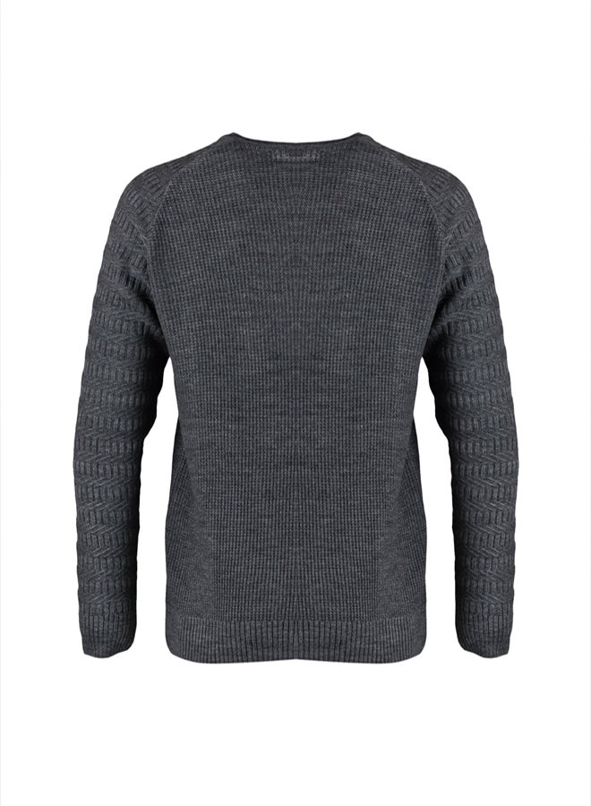trendyol Gray Patterned Slim Fit Knitwear Sweater  Crew Neck, Sleeve Texture, - Image 5