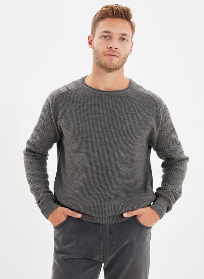 trendyol Gray Patterned Slim Fit Knitwear Sweater  Crew Neck, Sleeve Texture, - Image 1