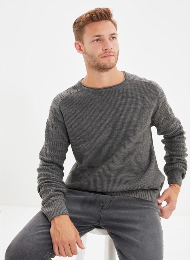 trendyol Gray Patterned Slim Fit Knitwear Sweater  Crew Neck, Sleeve Texture, - Image 4
