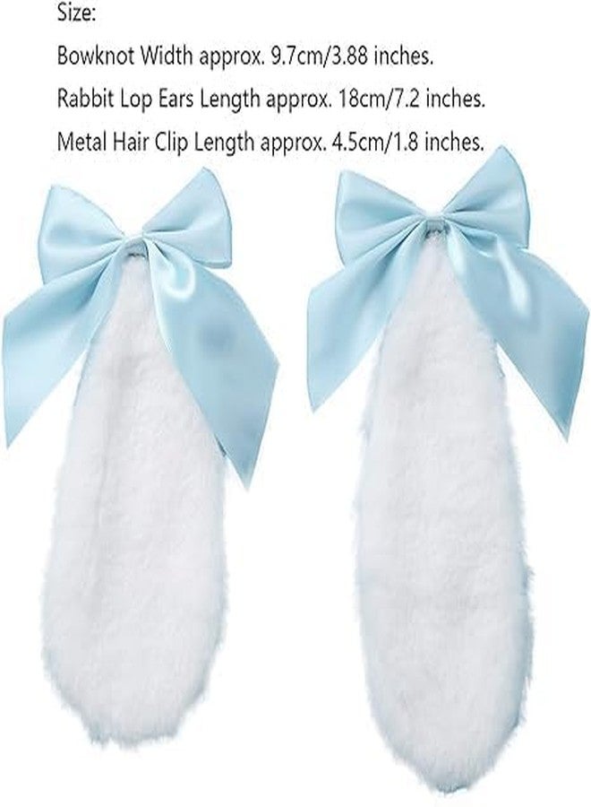 زوج واحد من مشابك شعر على شكل آذان أرنب قطيفة زرقاء للبنات، مزينة بشريط على شكل فيونكة، سهلة الارتداء، إكسسوارات شعر، مشابك شعر - Image 2