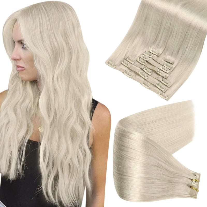 Full Shine Real Hair Clip in Extensions Human Hair White Bonde Natural Hair Clip in Extensions for Women 22 Inch Seamless Pu Weft Clip ins Blonde Hair Silky Straight 8 Pcs 120Grams
