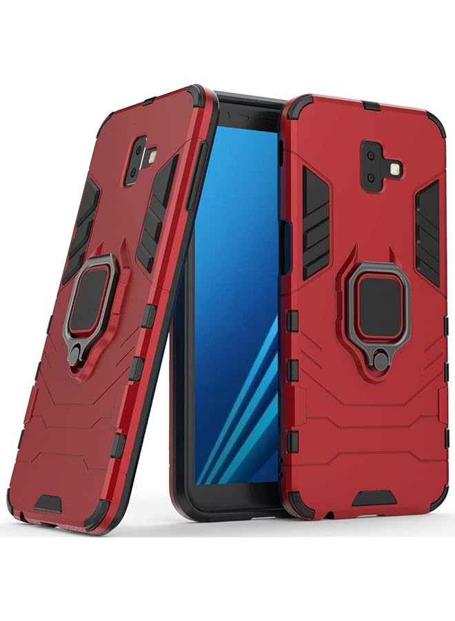 مايجين متوافق مع جراب Galaxy J6 Plus 2018 بمقبض حلقي معدني ومسند ممتص للصدمات صلب يعمل مع حامل مغناطيسي للسيارة وغطاء متين بطبقة مزدوجة لهاتف Samsung Galaxy J6 Plus أحمر - Image 1