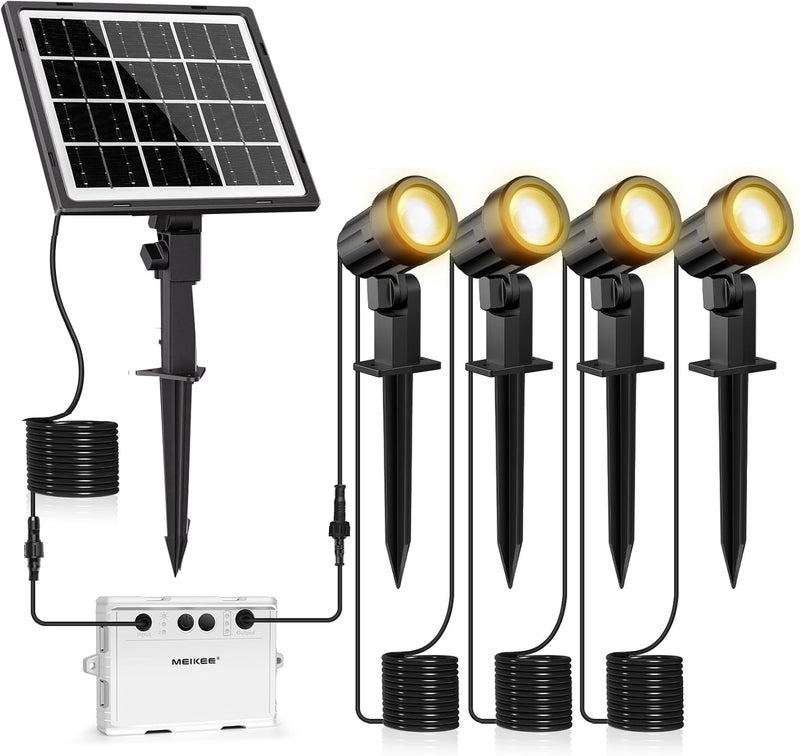 MEIKEE 4 in 1 Solar Garden Spot Lights Warm White with Ground Spike Solar Spotlight IP66 Waterproof Garden Lamp 2700K High Light Low Light for Yard Patio Path Driveway Shrubs - Image 1