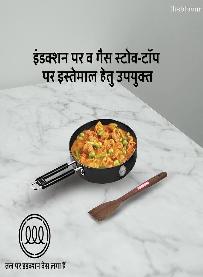 FLIXBLOOM Perfect 3MM Black Kitchen Hard Anodised Induction Base PFOA Free Omlette Egg Pan, Frying Pan (Fry Pan) with Wooden Spatula (Spoon) Made in India (1.2 Litre Frying Pan with Spatula) - Image 2