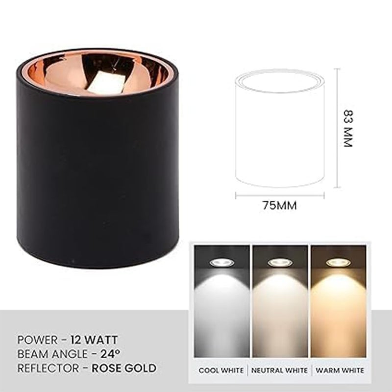 18 Watt Black Body Antiglare LED Round Cylinderical Surface COB Spotlight with Rose Gold Reflector for Indoor and Outdoor Use in The Office Home and Yard Warm White Pack of 1 - Image 5