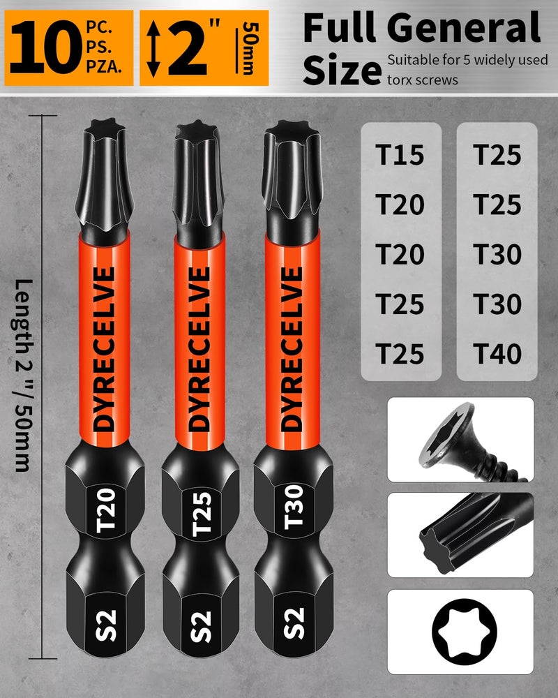DYRECELVE Impact Torx Bit Set T15 T20 T25 T30 T40, 10-Pack 2 Inch S2 Steel Magnetic Power Bits for Impact Driver, 1/4 Inch Hex Shank Heavy Duty Magnetic Grip (Anti-Slip) - Image 2