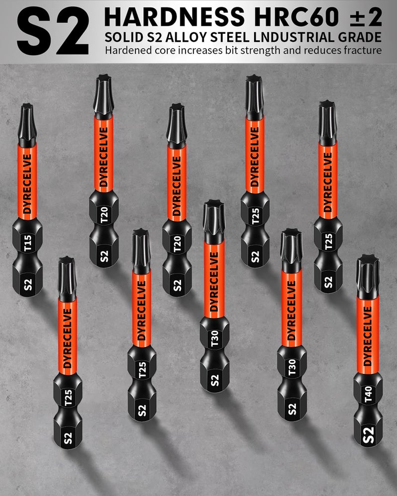 DYRECELVE Impact Torx Bit Set T15 T20 T25 T30 T40, 10-Pack 2 Inch S2 Steel Magnetic Power Bits for Impact Driver, 1/4 Inch Hex Shank Heavy Duty Magnetic Grip (Anti-Slip) - Image 3