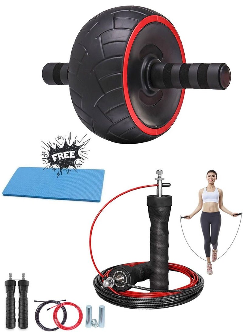 ISHWAZ A Set Of Exercise Ab Wheel Roller With Knee Pad And Professional Steel Wire Jump Rope With Weights, Best Fitness equipment For 6 Pack Abs, Core Workout, MMA And boxing Training Bodybuilding Fitness  - Image 1
